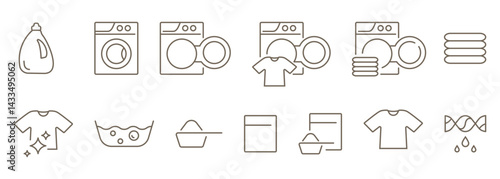 Set of laundry self service linear icons editable stroke isolated on transparent background. Washing service icons. Washing machine, clean t-shirt, simple t-shirt, liquid detergent and other icons.
