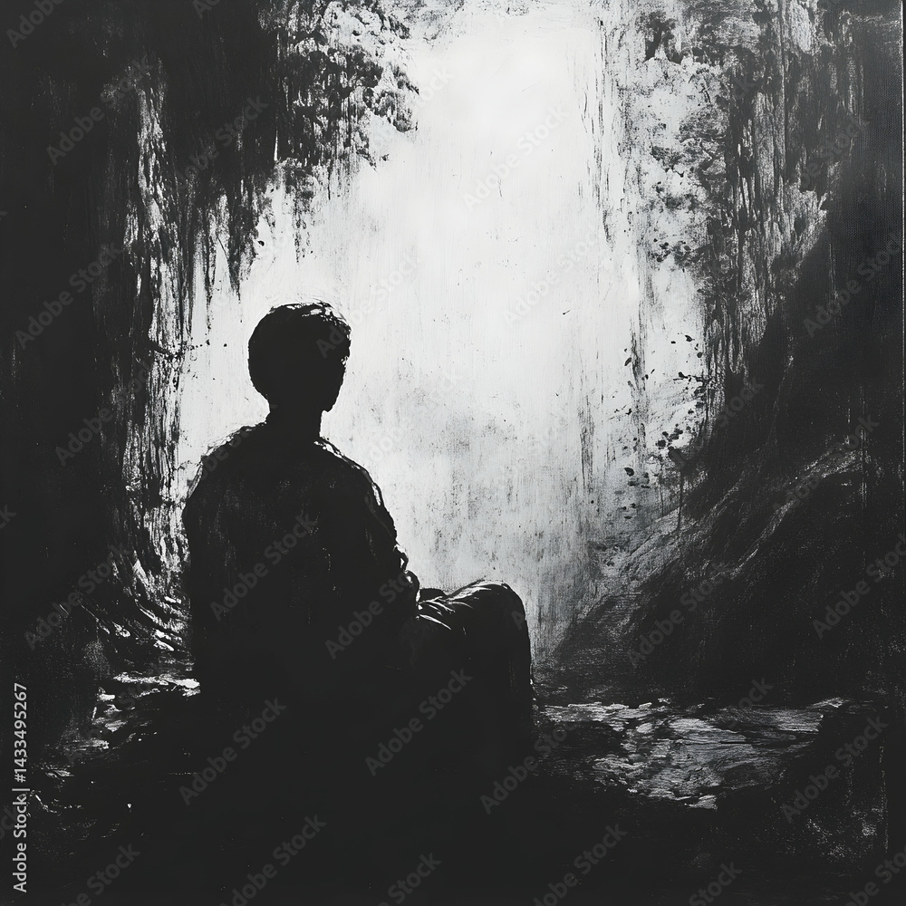 Obraz premium Solitary figure seated in shadowy cave, light illuminating background foliage. Contemplative mood, ideal for psychology or spiritual themes