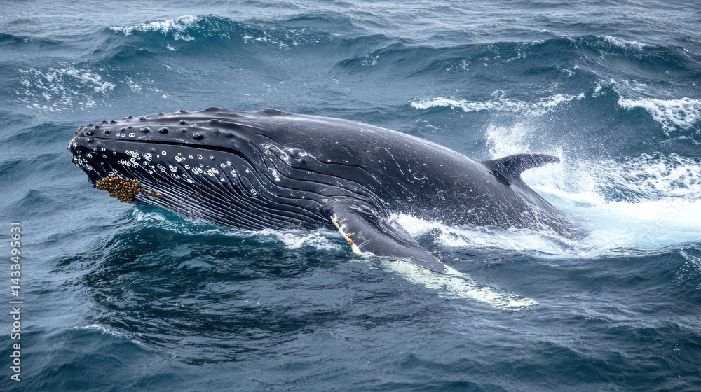Obraz premium Humpback whale breaching, ocean waves, wildlife