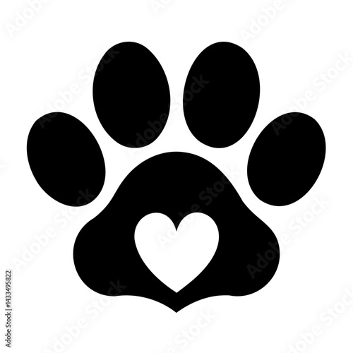 Paw Print Icon vector silhouette with Heart symbol on transparent background