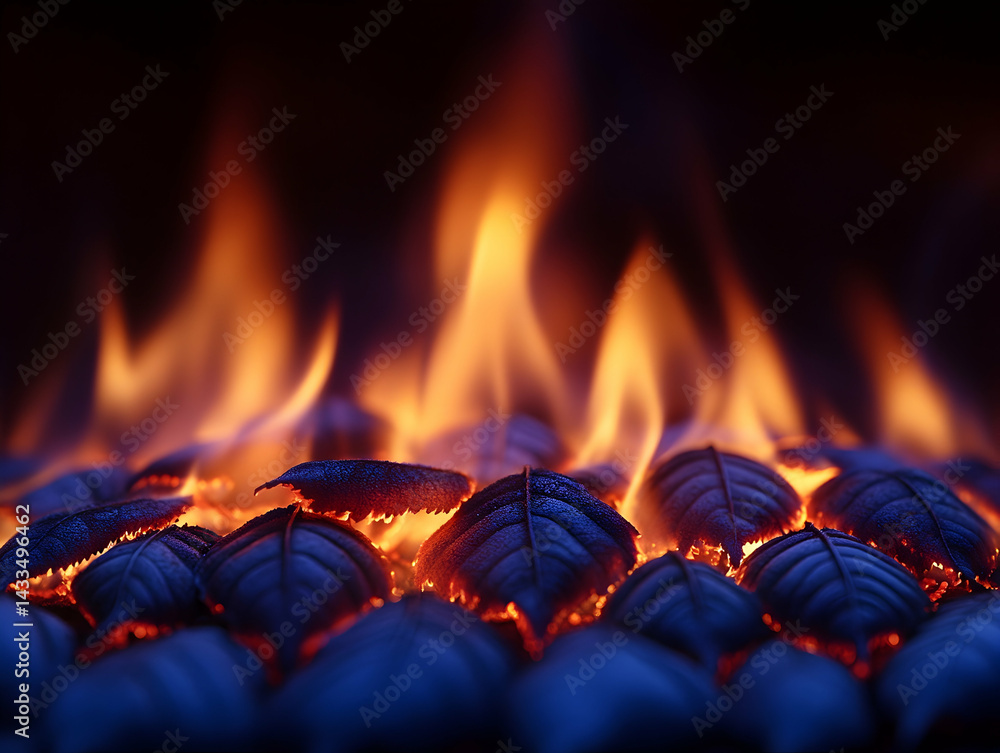 Leaves ablaze illuminated by a warm vibrant fire in a dark setting Leaves ablaze illuminated by a warm vibrant fire in a dark setting
