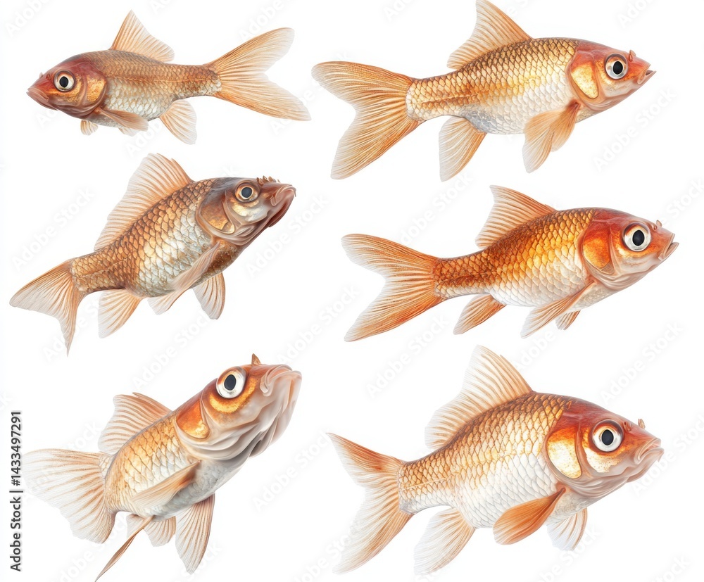 Six goldfish in various poses, isolated on white background Six goldfish in various poses, isolated on white background