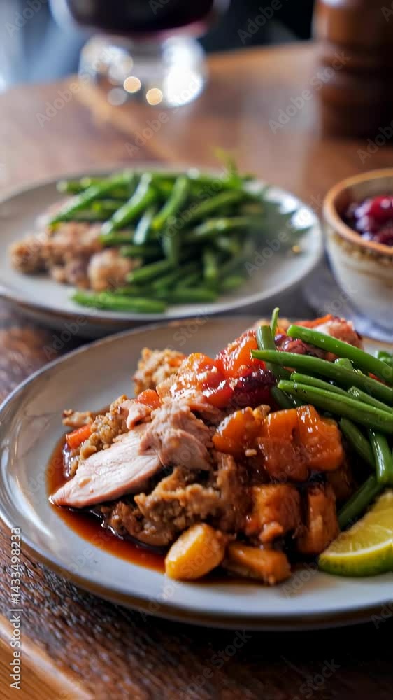 Steamed turkey with cranberry sauce and green beans. Vertical food video
Steamed turkey with cranberry sauce and green beans. Vertical food video