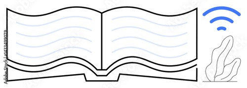 Open book with flowing lines, blue wireless signal icon, and abstract leaf design. Ideal for education, e-learning, technology, knowledge sharing, remote learning, digital library simple landing