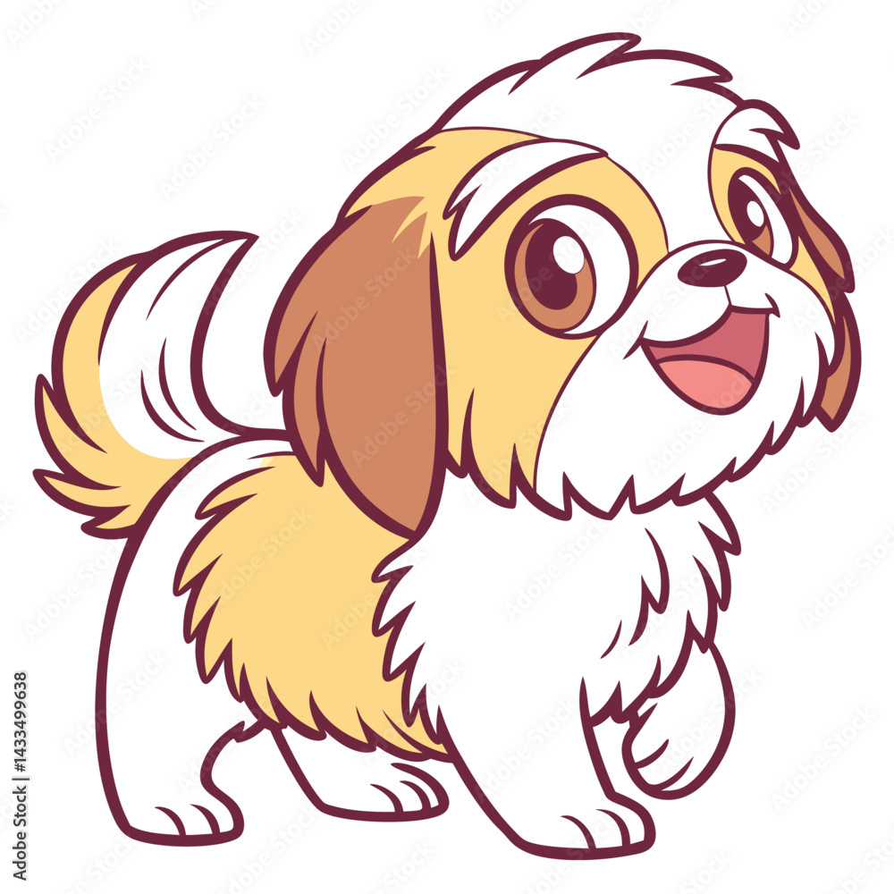 Fototapeta premium Cheerful Cartoon Shih Tzu Puppy Standing With A Smiling Expression And White Background