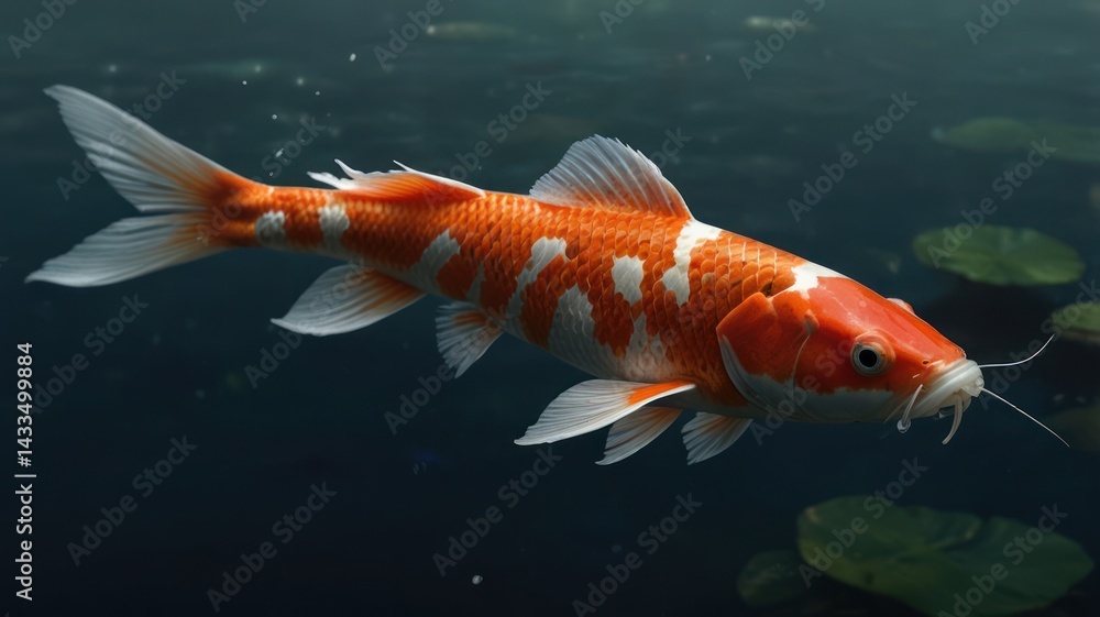 Koi fish swimming in pond, aquatic plants background, serene nature scene, ideal for relaxation Koi fish swimming in pond, aquatic plants background, serene nature scene, ideal for relaxation