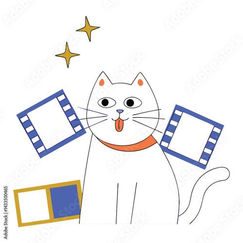 Cute Cat with Film Reels, Ready for a Movie