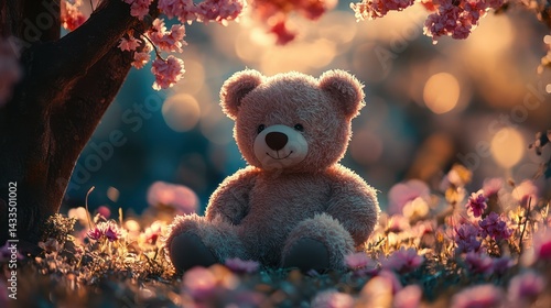 Teddy bear sits amidst field of cherry blossoms, radiating serenity under soft natural lighting.