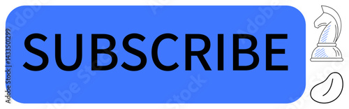 Large blue subscribe button with bold text, outlined chess knight, and bean-shaped figure. Ideal for marketing, strategy, subscription, branding, creativity minimalism and teamwork concepts. Flat