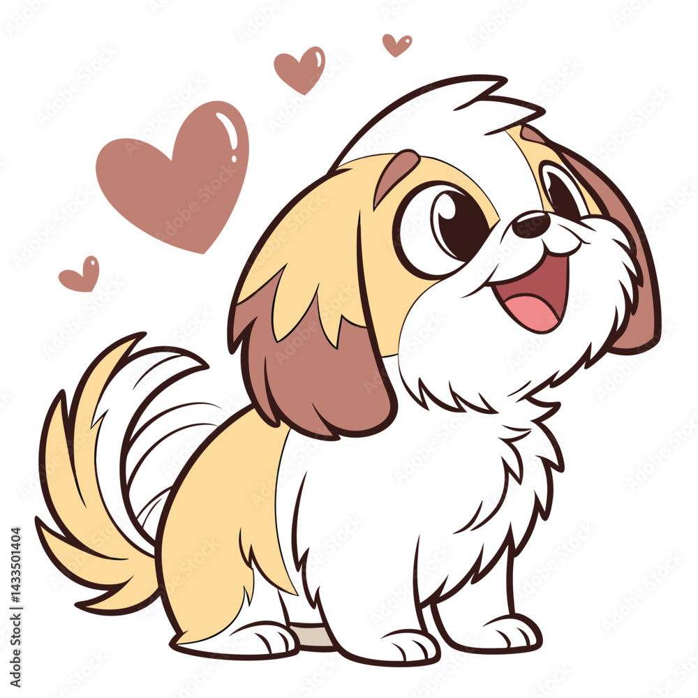 Obraz premium Cartoon Shih Tzu Puppy with Hearts. Cute, happy dog with tan and white fur, smiling
