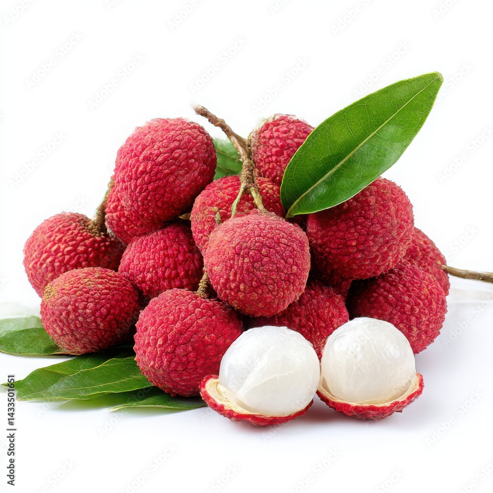Pile of lychees with leaves on white background Pile of lychees with leaves on white background