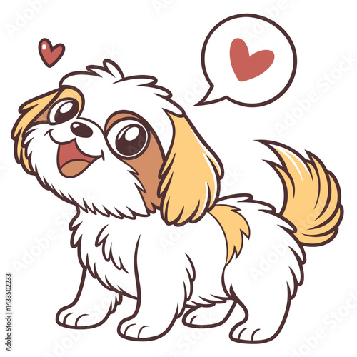 Cartoon happy Shiba Inu puppy with heart and bubble. Isolated on white backdrop