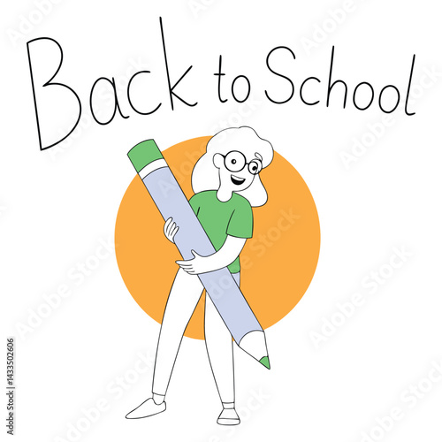 Cheerful student holding giant pencil, ready for Back to School.