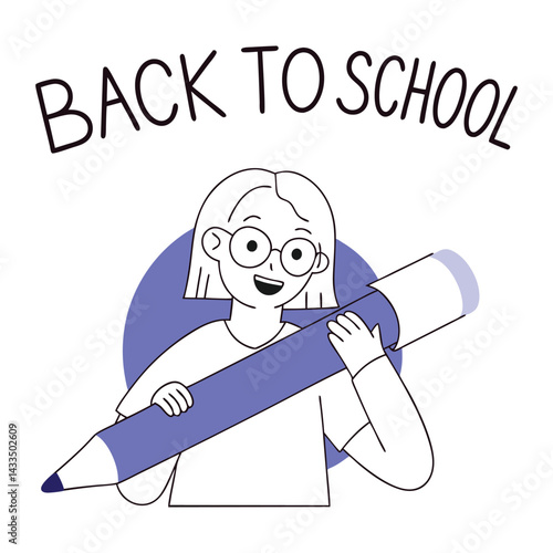 Happy Girl Student Holding Giant Pencil Back to School