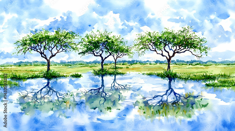 Tranquil African savanna landscape with three acacia trees reflected in calm water, showcasing serene nature; ideal for travel, nature documentaries, or home decor