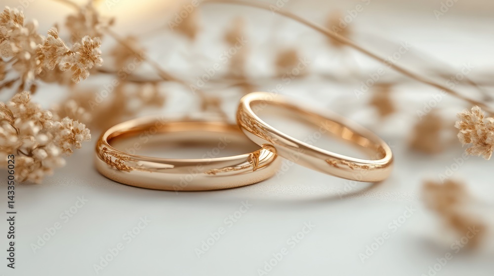 Gold wedding rings, floral background, close-up Gold wedding rings, floral background, close-up