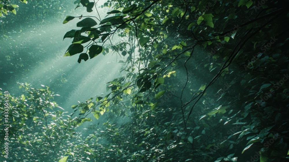 Light streams through foliage in a dense vibrant green forest Light streams through foliage in a dense vibrant green forest