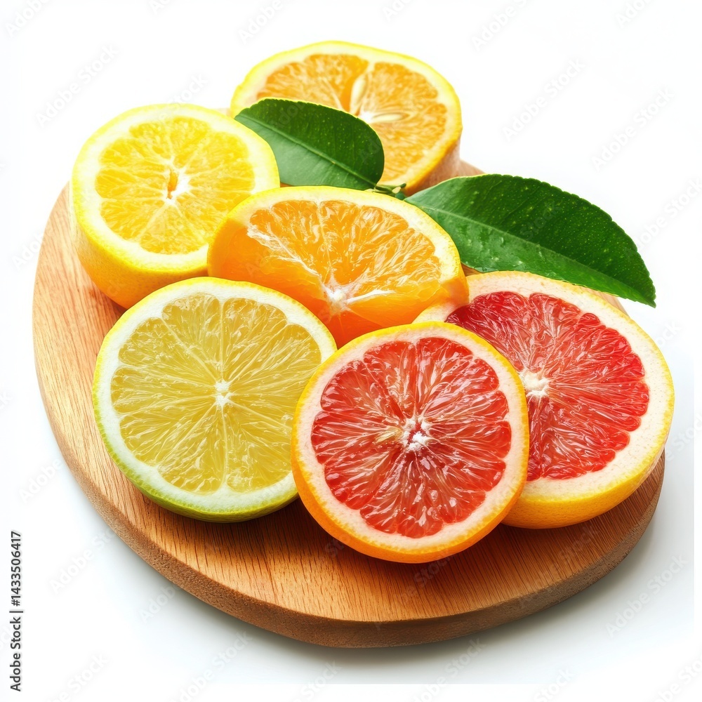 Fototapeta premium Fresh citrus fruits on wooden plate