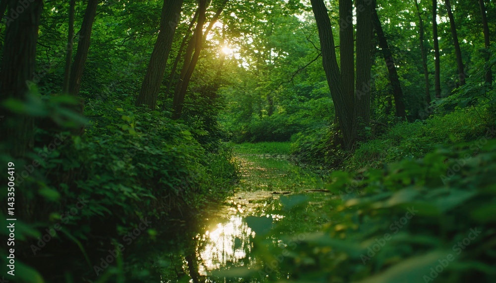 Fototapeta premium Lush forest creek sunlight