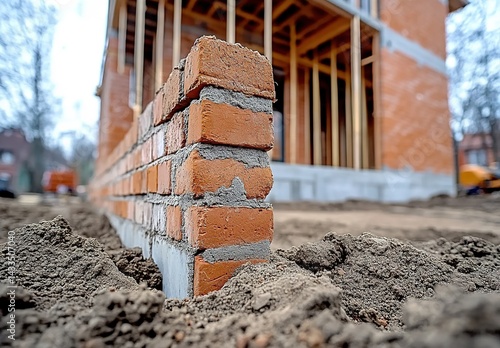 A construction site showing a partially built brick wall made of red bricks, surrounded by dirt and construction materials.