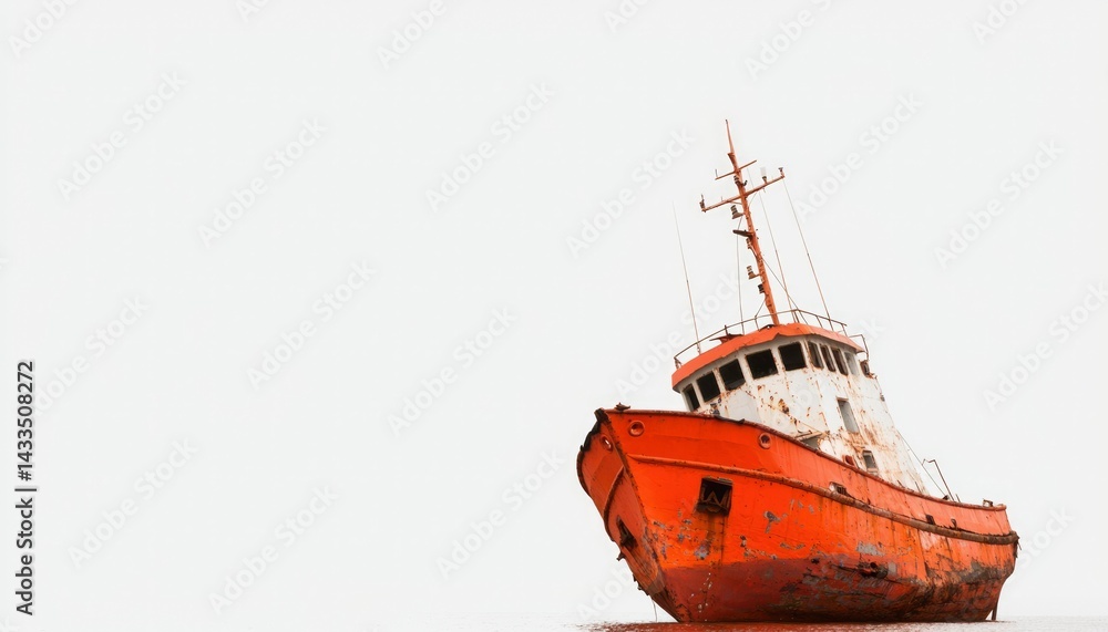 Fototapeta premium Rusty orange tugboat on white sand