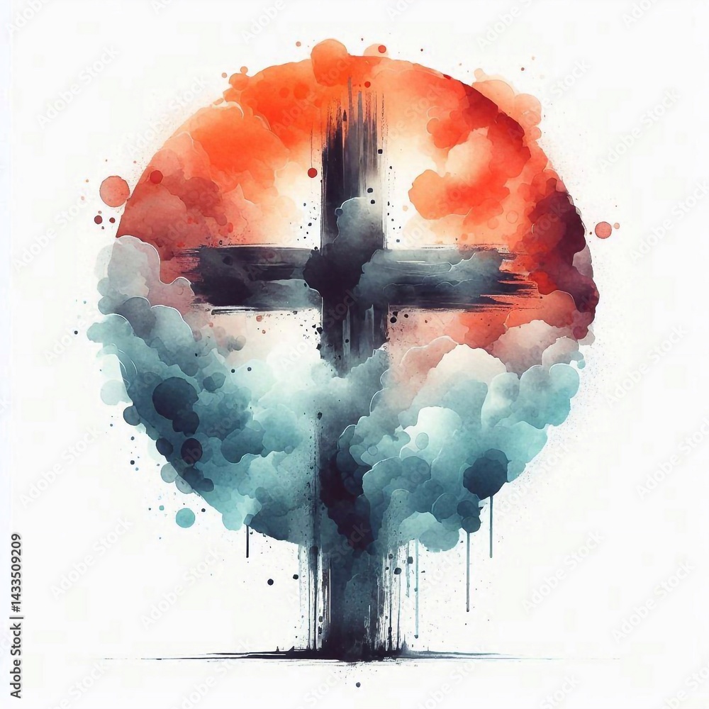 Watercolor paint Cross – Christian Hope and Resurrection Concept. AI generated illustration