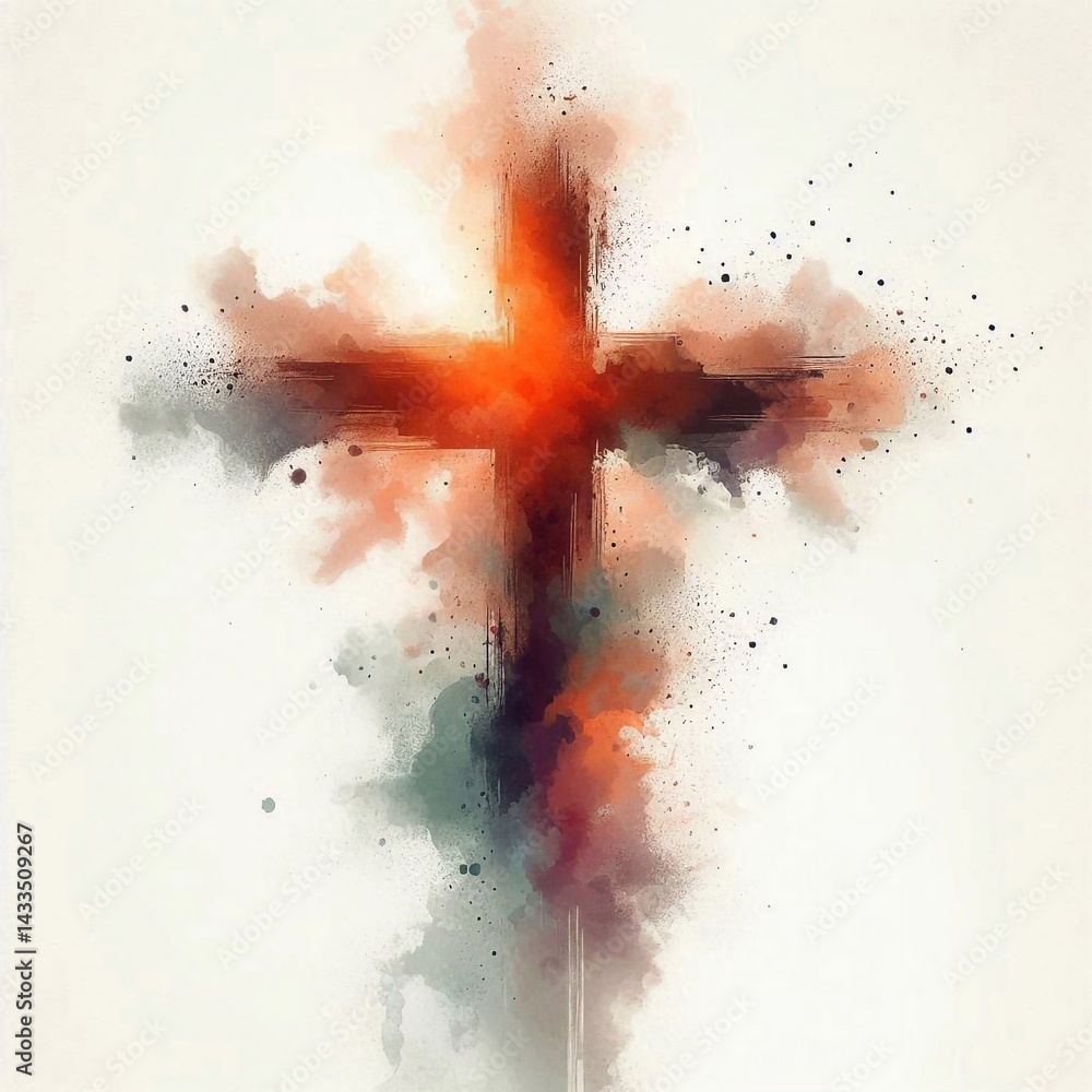 Watercolor paint Cross – Christian Hope and Resurrection Concept. AI generated illustration