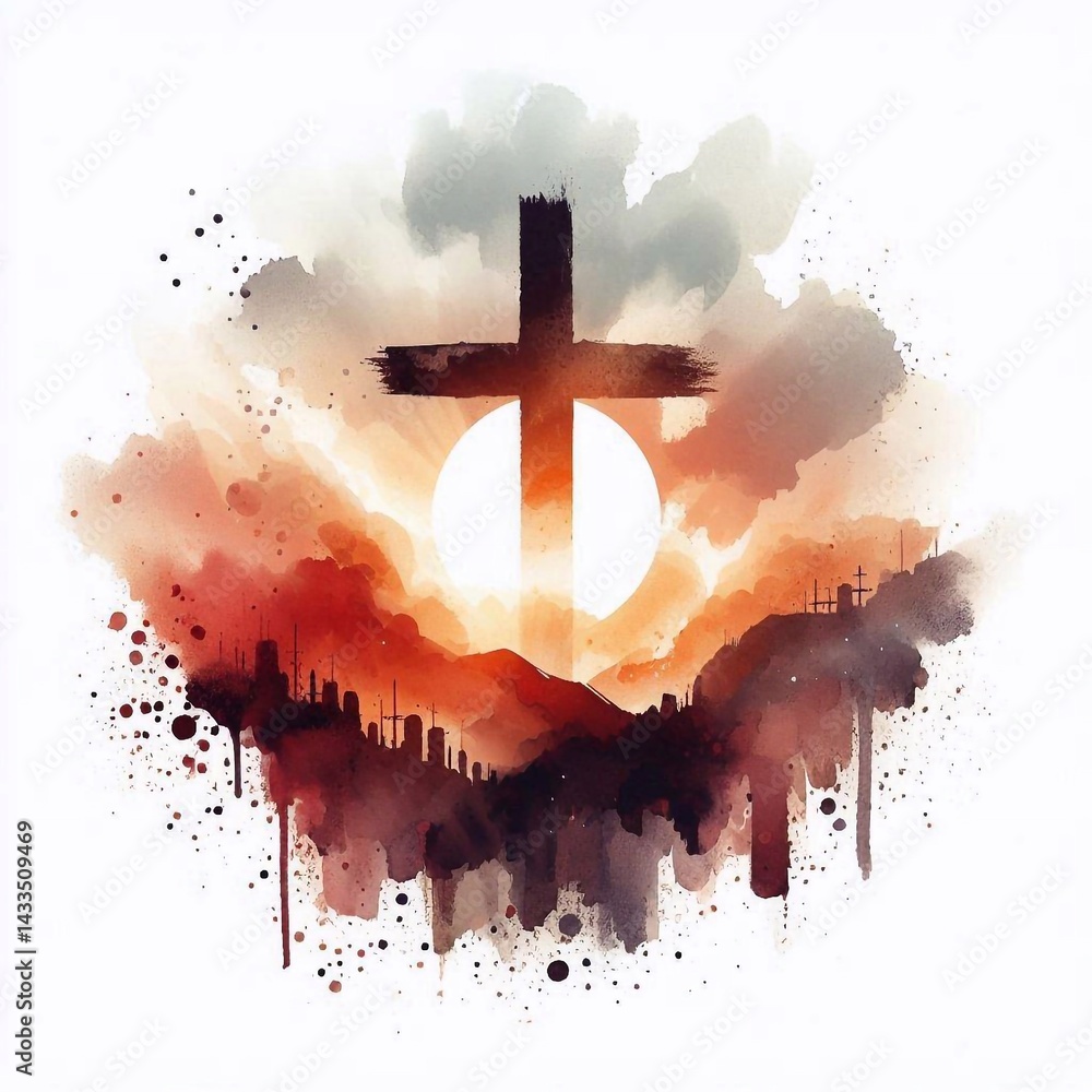 Watercolor paint Cross – Christian Hope and Resurrection Concept. AI generated illustration