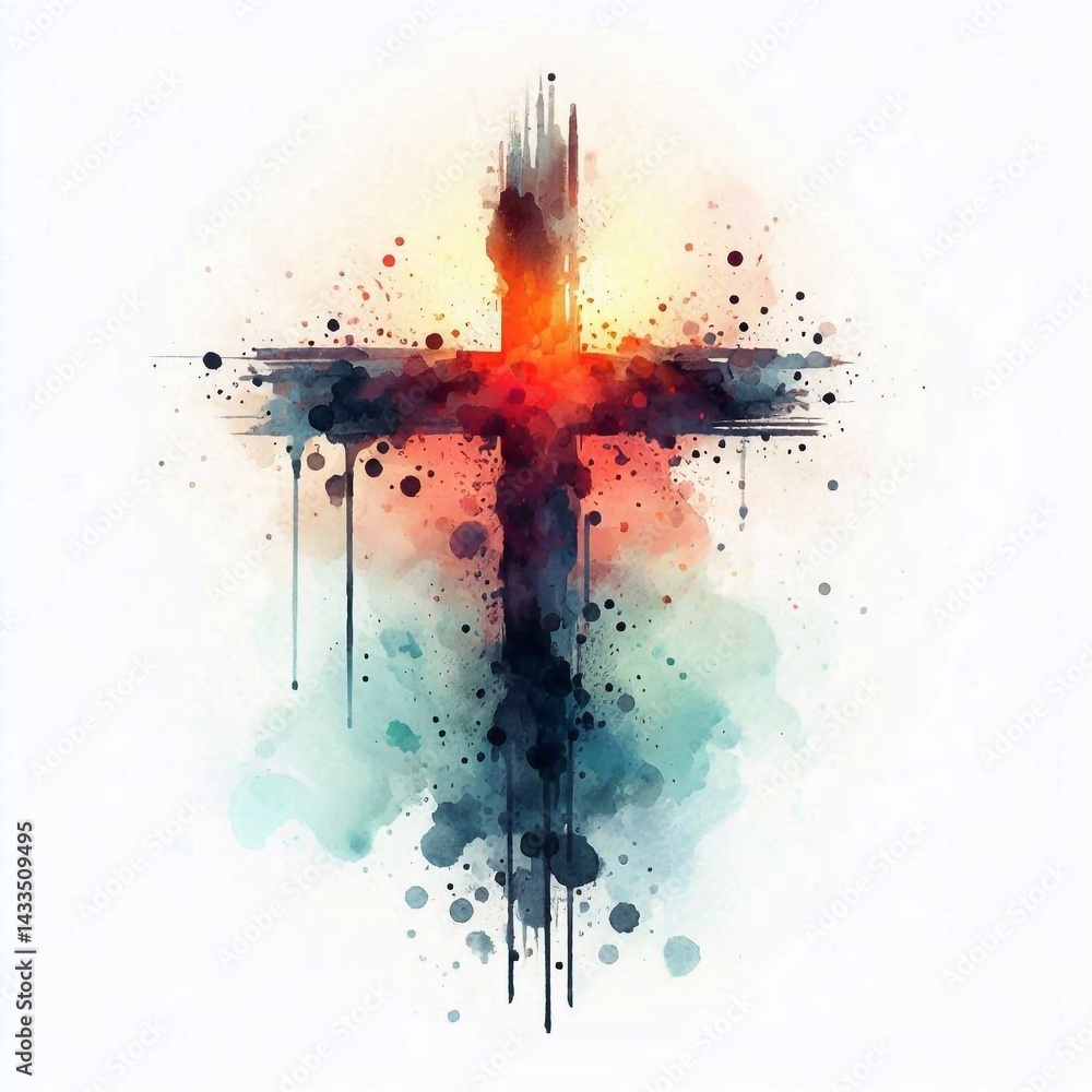 Watercolor paint Cross – Christian Hope and Resurrection Concept. AI generated illustration