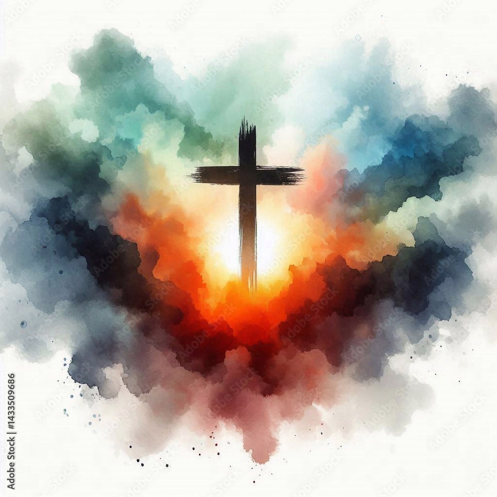 Watercolor paint Cross – Christian Hope and Resurrection Concept. AI generated illustration