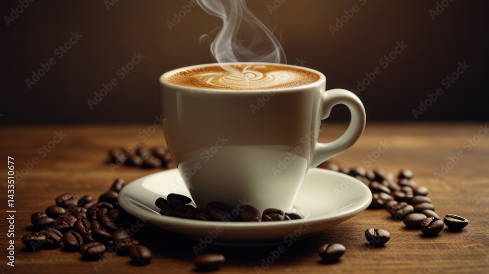 Steaming latte art coffee cup on wood table Steaming latte art coffee cup on wood table