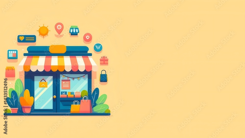 カラフルなアーケード店のイラスト背景黄色の壁にアーケード店とアイコンのセット カラフルなアーケード店のイラスト背景黄色の壁にアーケード店とアイコンのセット