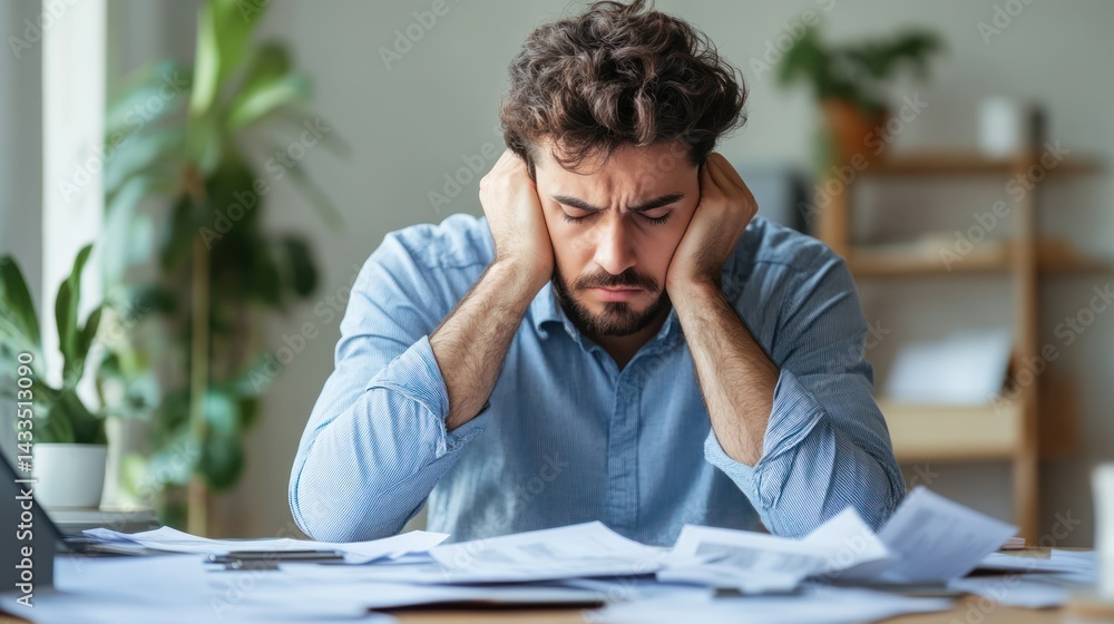 Stressed man rests his head in his hands, feeling pressure, worries, negative emotion, frustration. Stressed man rests his head in his hands, feeling pressure, worries, negative emotion, frustration.