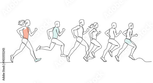 Group of runners in motion captured in a stylized outline on white background