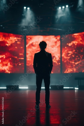 Silhouette figure on stage, vibrant backdrop