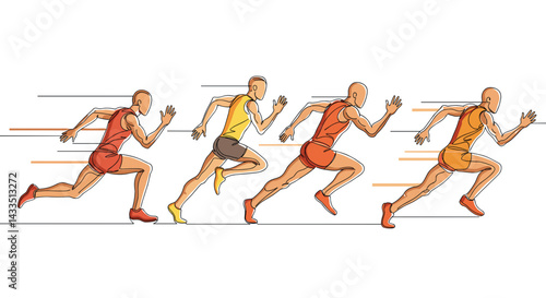 Stylized illustration of running athletes in different stages of sprinting on a white background
