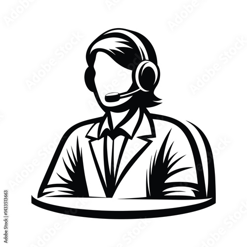 Stylized Black and White Design of Woman Wearing Headset and Business Attire