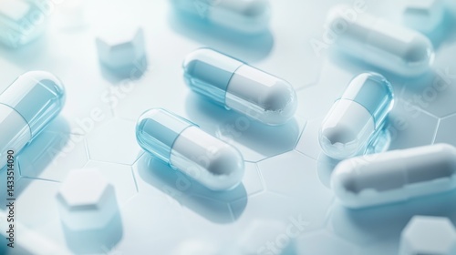  Close up of medical pills and capsules on hexagonal background with blue tone