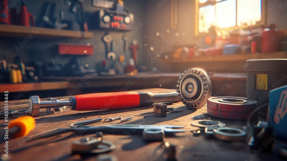 A workbench with tools and equipment in a workshop scene A workbench with tools and equipment in a workshop scene