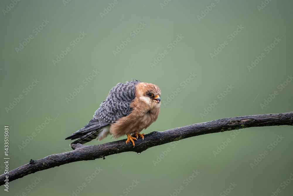 Naklejka premium Red-footed falcon (Falco vespertinus). Juvenile sits quietly on damp branch in rain. Green meadow blurred behind in soft drizzle. Wet feathers and alert gaze evoke calm after storm.