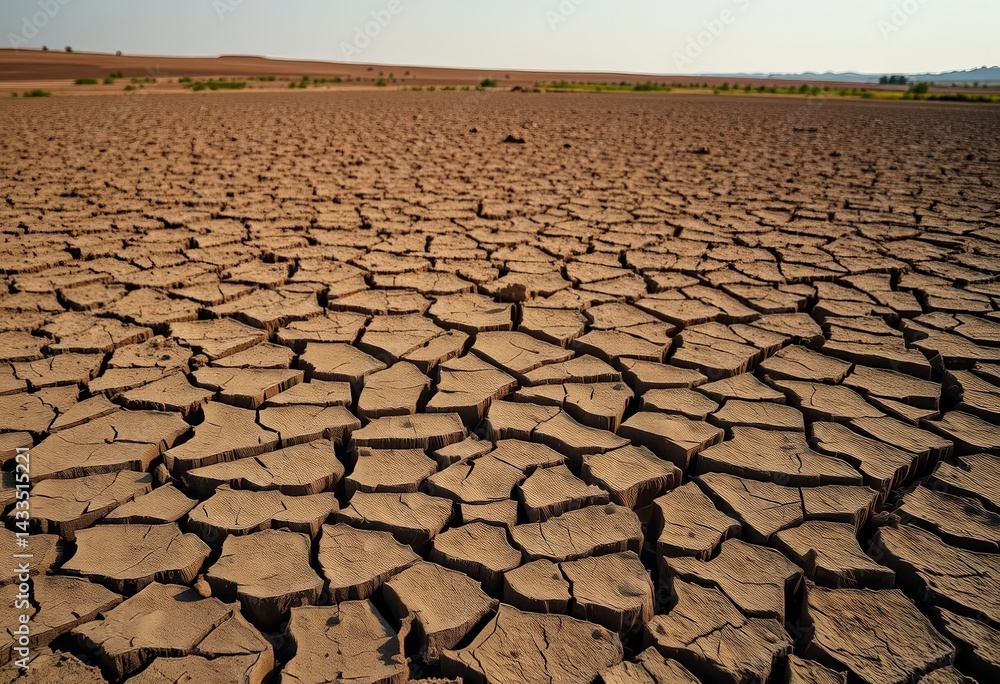 Fototapeta premium Dried, cracked earth in a formerly fertile field, ecosystem collapse, desertification