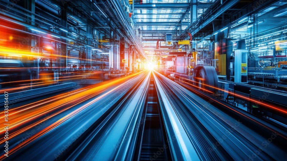 Industrial factory interior shows technological lines with bright illumination ahead Industrial factory interior shows technological lines with bright illumination ahead