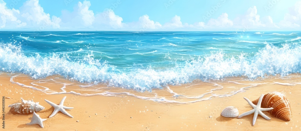 Fototapeta premium Seashore wave shells summer beach vacation