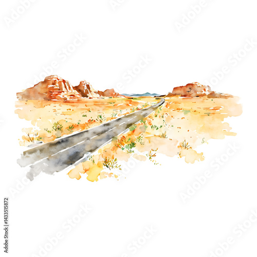 Desert Road Landscape with Orange Hills Isolated Hand Drawn Watercolor Painting Illustration