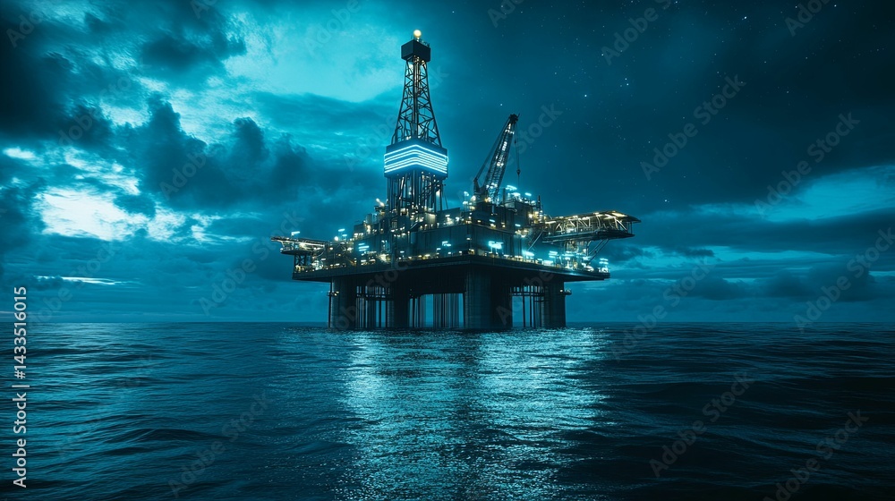 Massive offshore oil rig at twilight, dark and dramatic. Massive offshore oil rig at twilight, dark and dramatic.