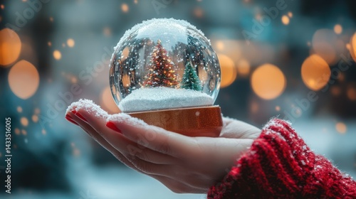 Fair-skinned hands delicately hold snow globe containing miniature Christmas tree, invoking holiday spirit, magic.