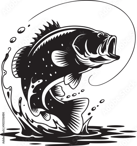 Black and White Illustration of a Jumping Bass Fish