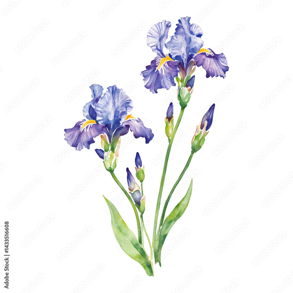Beautiful Iris Flowers Isolated Hand Drawn Watercolor Painting Illustration with Green Leaves Beautiful Iris Flowers Isolated Hand Drawn Watercolor Painting Illustration with Green Leaves
