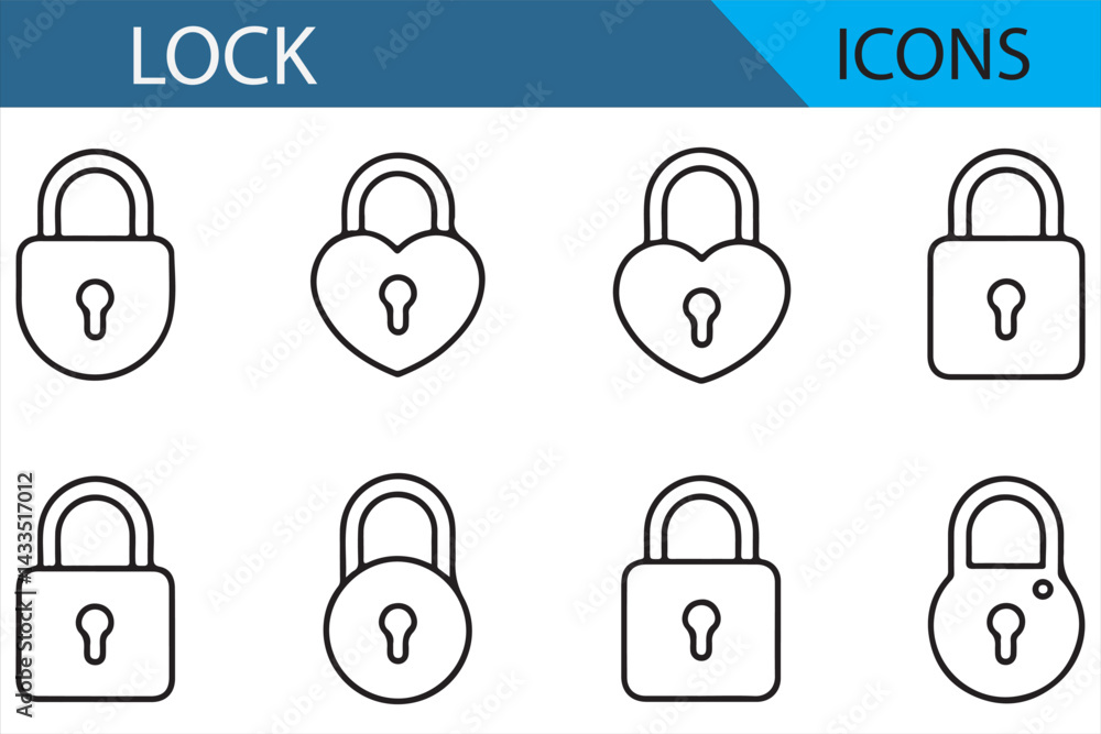 Minimal Outline Lock Icon Set Featuring Different Styles for Security and Safety Projects Minimal Outline Lock Icon Set Featuring Different Styles for Security and Safety Projects