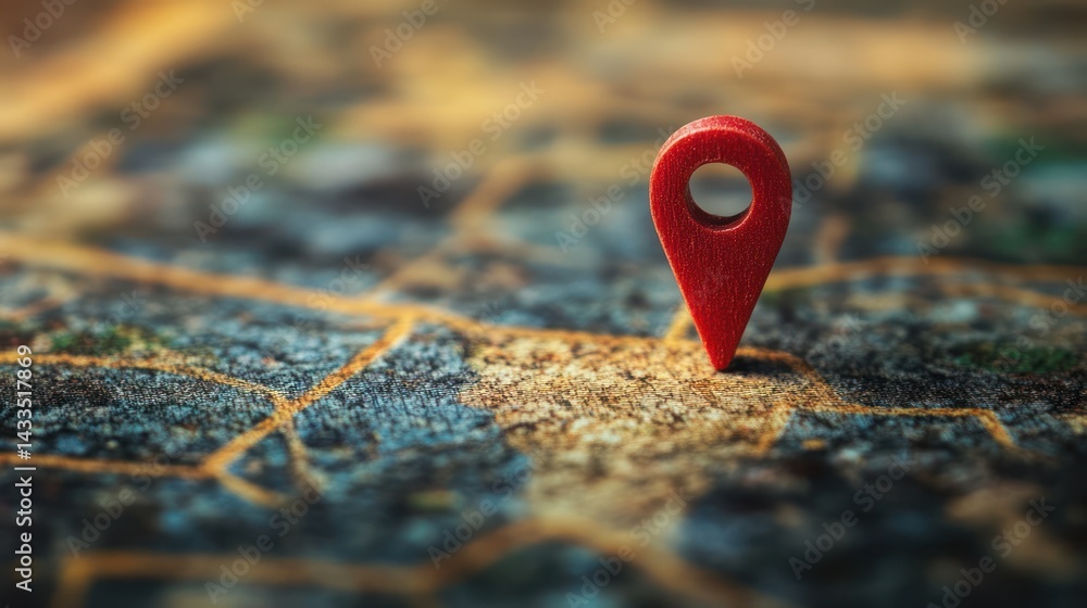 Fototapeta premium Red marker pinpoints location on vintage map